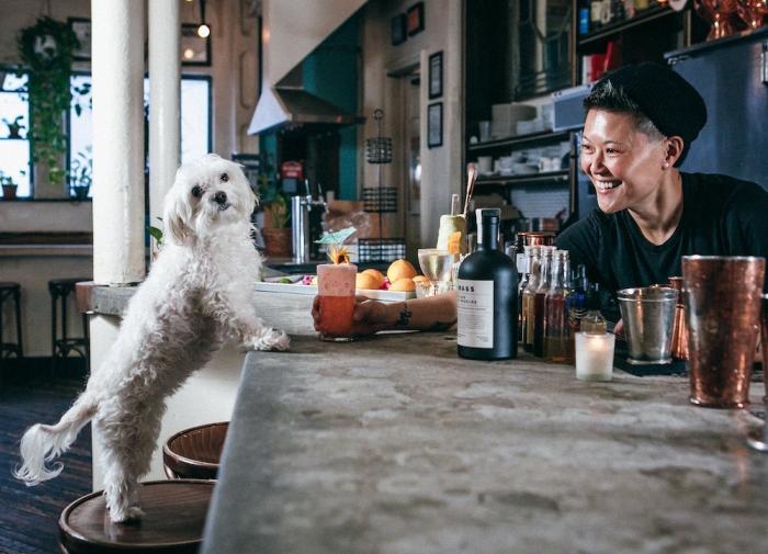 Fanny Chu with her dog, Bowie, after hours at Donna Cocktail Club. (October, 2020)