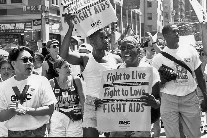 GMHC volunteers and activists march in NYC Pride, 1994.