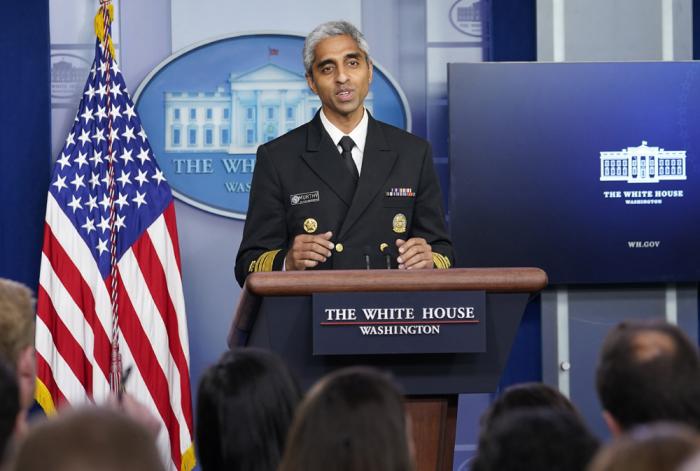 In this Thursday, July 15, 2021 file photo, Surgeon General Dr. Vivek Murthy speaks during the daily briefing at the White House in Washington