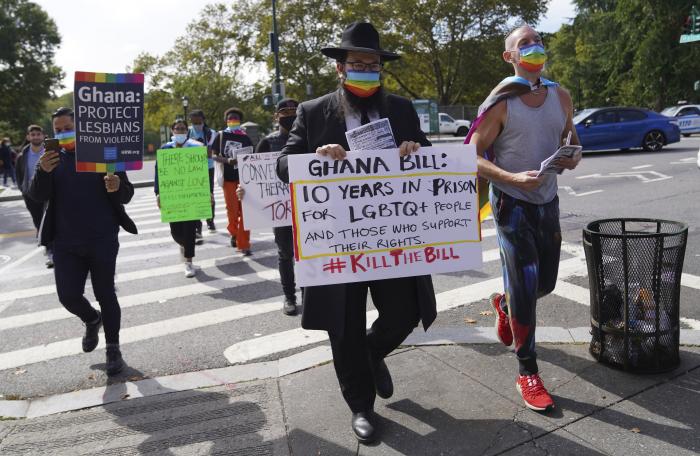 Rabbi Mike Moskowitz attends a rally against a controversial bill being proposed in Ghana's parliament that would make identifying as LGBTQIA or an ally a criminal offense punishable by up to 10 years in prison, in the Harlem neighborhood of New York.
