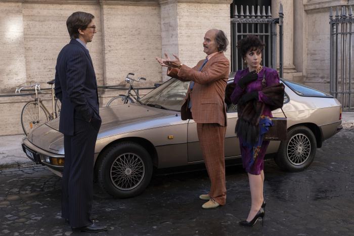 Adam Driver as Maurizio Gucci, from left, Jared Leto as Paolo Gucci and Lady Gaga as Patrizia Reggiani in "House of Gucci."