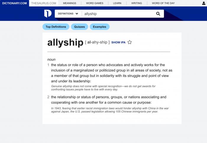 An entry for allyship, named Dictionary.com's word of the year.