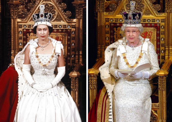 Britain's Queen Elizabeth II during the State Opening of Parliament, London, in April, 1966 on the left and Nov. 15, 2006, on the right. 