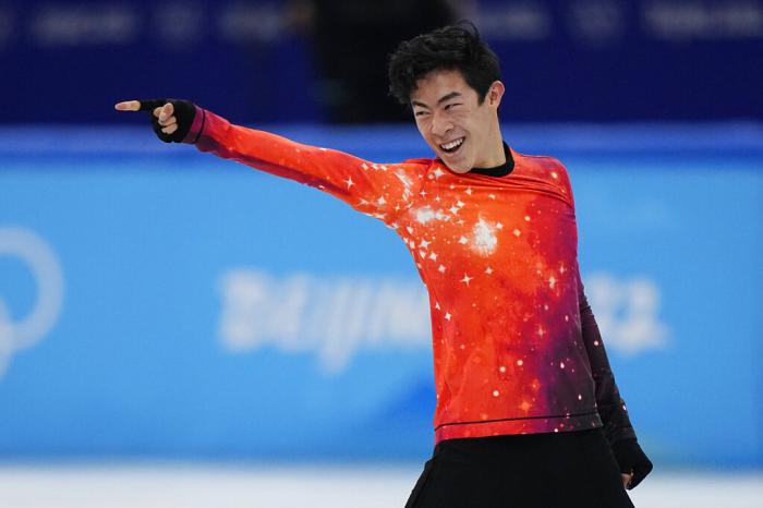 Nathan Chen, of the United States, competes in the men's free skate program during the figure skating event at the 2022 Winter Olympics.
