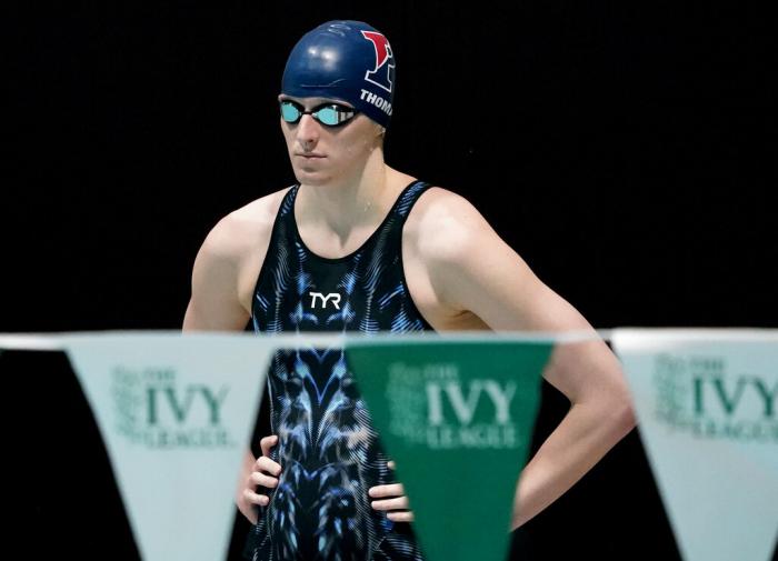 Penn's Lia Thomas waits to swim in a qualifying heat of the 200 yard freestyle at the Ivy League Women's Swimming and Diving Championships at Harvard University.