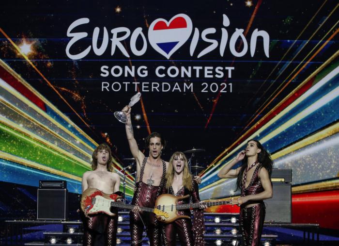 Maneskin from Italy celebrate with the trophy after winning the Eurovision Song Contest in Rotterdam, Netherlands.