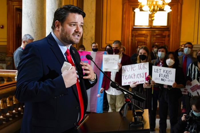 Indiana Sen. J.D. Ford, D-Indianapolis, speaks at a rally held in opposition to bills being considered at the Statehouse in Indianapolis.