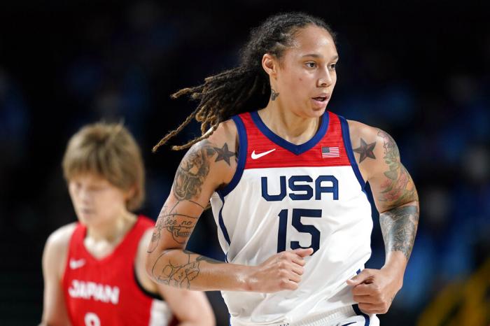 United States' Brittney Griner (15) runs up court during women's basketball gold medal game against Japan at the 2020 Summer Olympics on Aug. 8, 2021, in Saitama, Japan. 