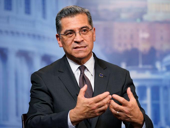 Health and Human Services Secretary Xavier Becerra, is interviewed by the Associated Press, March 17, 2022, in Washington