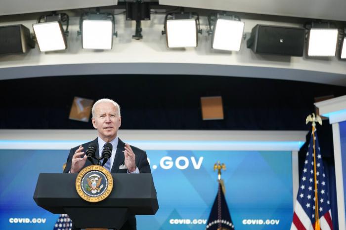 President Joe Biden speaks about status of the country's fight against COVID-19 in the South Court Auditorium on the White House campus.