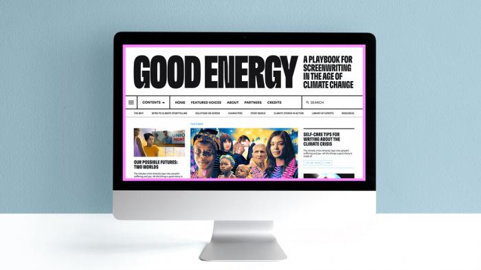 The online resource "Good Energy: A Playbook for Screenwriting in the Age of Climate Change" is displayed on a computer monitor.