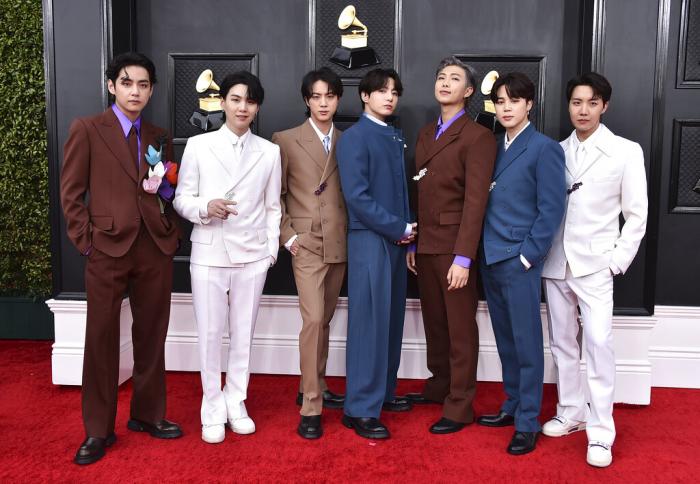 BTS arrives at the 64th Annual Grammy Awards on April 3, 2022, in Las Vegas. 