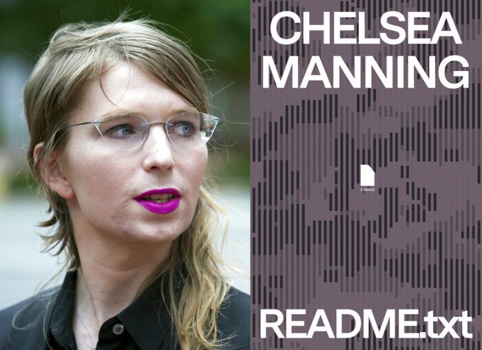 Former Army intelligence analyst Chelsea Manning appears in Alexandria, Va., on May 16, 2019, left, and cover art from Manning's book "README.txt."