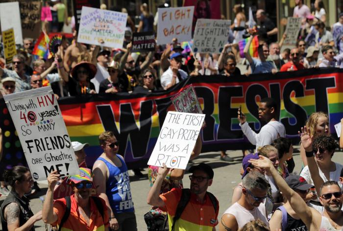 Marchers participate in the Queer Liberation March in New York, Sunday, June 30, 2019.