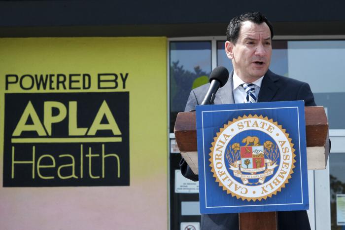 California State Assembly Speaker Anthony Rendon talks during a news conference at Out Here Sexual Health Center, in the Baldwin Hills section of Los Angeles.