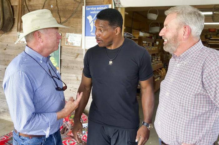 Republicans Senate candidate Herschel Walker, center, talks with Georgia state Sen. Butch Miller, left, and former state Rep. Terry Rogers as Walker campaigns July 21, 2022, in Alto, Ga.