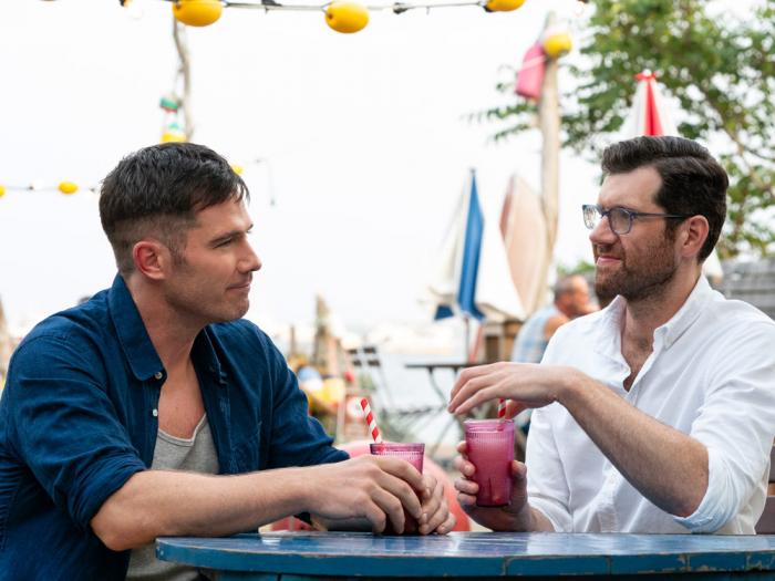 This image released by Universal Pictures shows Billy Eichner, right, and Luke Macfarlane in a scene from "Bros." (Universal Pictures via AP)