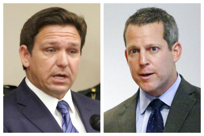 Florida Gov. Ron DeSantis, left, and Hillsborough County State Attorney Andrew Warren during separate news conferences in Tampa, Fla.
