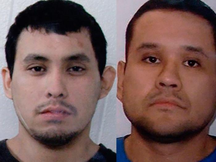 This combination of images shown during a press conference at the Royal Canadian Mounted Police "F" Division headquarters in Regina, Saskatchewan, on Sunday, Sept. 4, 2022, shows Damien Sanderson, left, and Myles Sanderson.