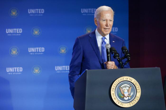 President Joe Biden speaks during the United We Stand Summit in the East Room of the White House in Washington.