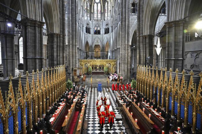 Gentlemen at Arms, the Queen's bodyguard take part in the funeral service of Queen Elizabeth II at Westminster Abbey in central London.