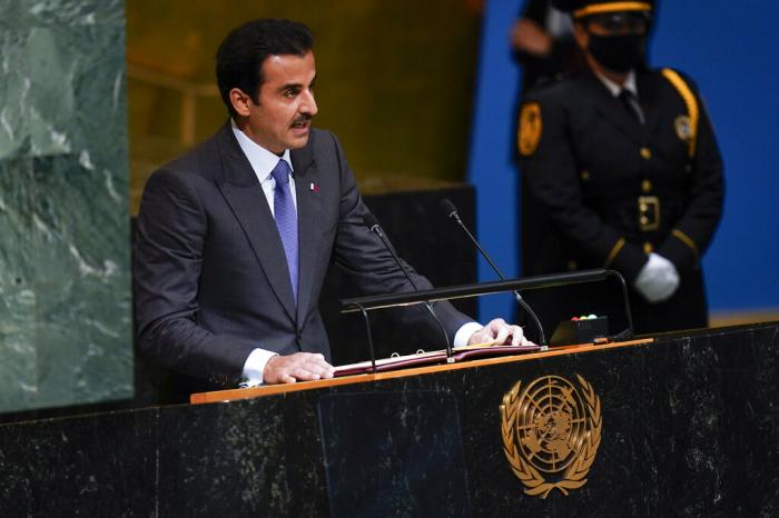 Sheikh Tamim Bin Hamad Al-Thani, the Emir of Qatar, addresses the 77th session of the General Assembly at United Nations headquarters.