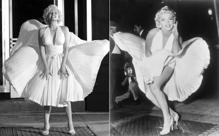 Ana de Armas as Marilyn Monroe in a scene from "Blonde," left, and Marilyn Monroe posing on a subway grate while filming "The Seven Year Itch" in New York on Sept. 9, 1954.