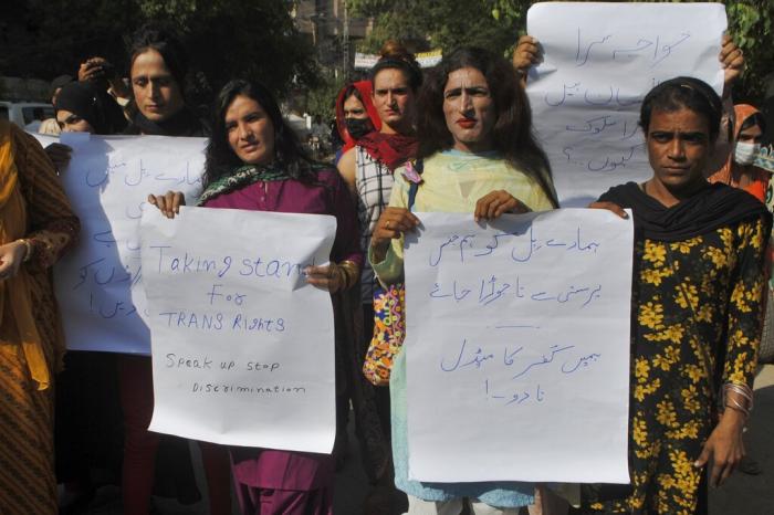 Pakistani transgender persons hold a demonstration demanding for their basic rights, in Hyderabad, Pakistan, Friday, Sept. 30, 2022.