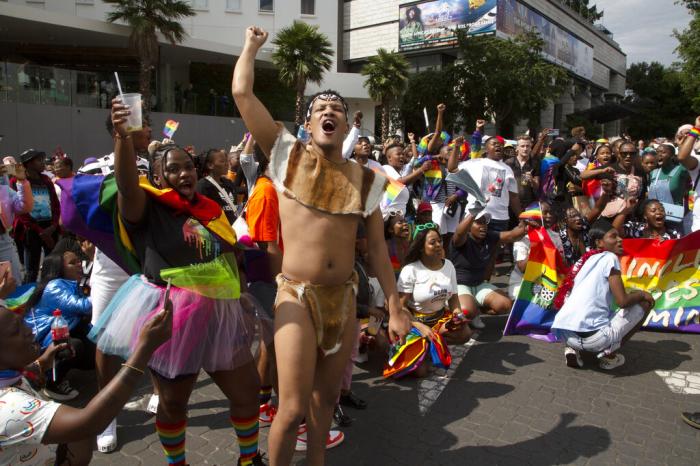 Members of the LGTBQ community take part in a Pride march in Sandton, Johannesburg, Saturday, Oct. 29, 2022. 