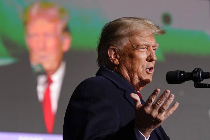Former President Donald Trump speaks at a campaign rally in support of the campaign of Ohio Senate candidate JD Vance at Wright Bros. Aero Inc. at Dayton International Airport on Monday, Nov. 7, 2022, in Vandalia. 