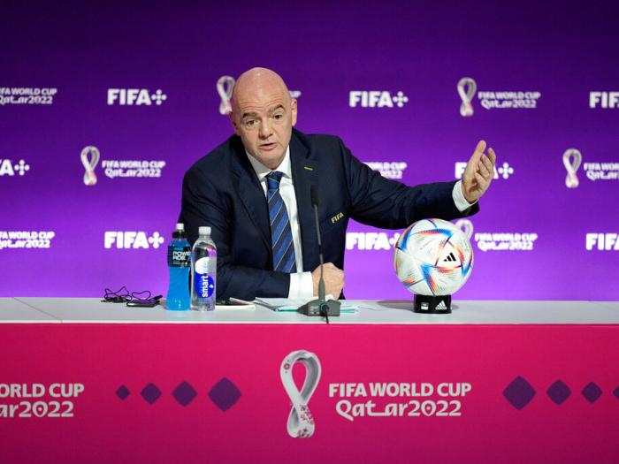 FIFA President Gianni Infantino speaks at a press conference Saturday, Nov. 19, 2022 in Doha, Qatar. (AP Photo/Abbie Parr)