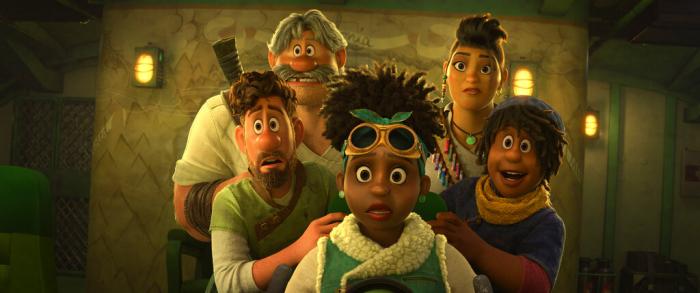 Clockwise from foreground center Meridian Clade, voiced by Gabrielle Union Searcher Clade, voiced by Jake Gyllenhaal, Jaeger Clade, voiced by Dennis Quaid, Callisto Mal, voiced by Lucy Liu, Ethan Clade, voiced by Jaboukie Young-White in a scene from the animated film "Strange World."