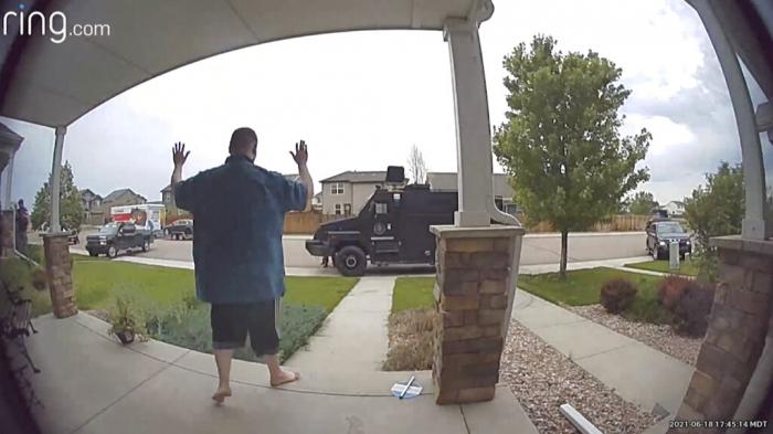 Anderson Lee Aldrich surrenders to police at a home where his mother, Laura Voepel, was renting a room in Colorado Springs, Colo., on June 18, 2021.