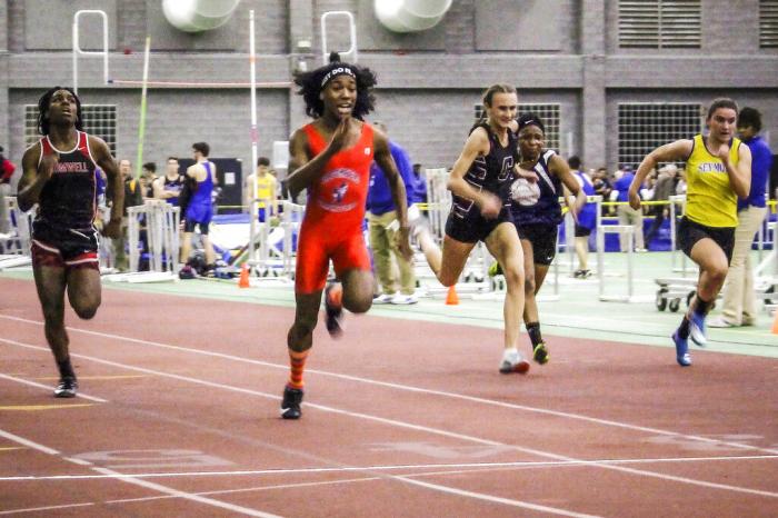 Bloomfield High School transgender athlete Terry Miller, second from left, wins the final of the 55-meter dash over transgender athlete Andraya Yearwood, far left, and other runners in the Connecticut girls Class S indoor track meet at Hillhouse High School, on Feb. 7, 2019, in New Haven, Conn. 
