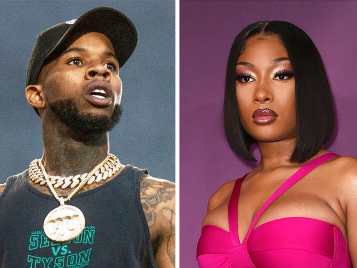 This combination photo shows Tory Lanez performing at the Festival d'ete de Quebec on Wednesday July 11, 2018, in Quebec City, Canada, left, and Megan Thee Stallion at the premiere of "P-Valley" on Thursday, June 2, 2022, in Los Angeles.
