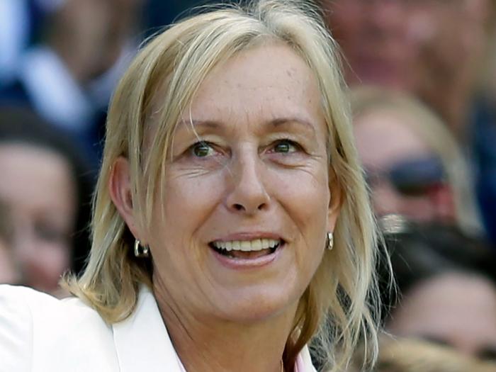 Tennis great Martina Navratilova is shown in the royal box on Centre Court at the All England Lawn Tennis Championships in Wimbledon, London, Saturday July 4, 2015.