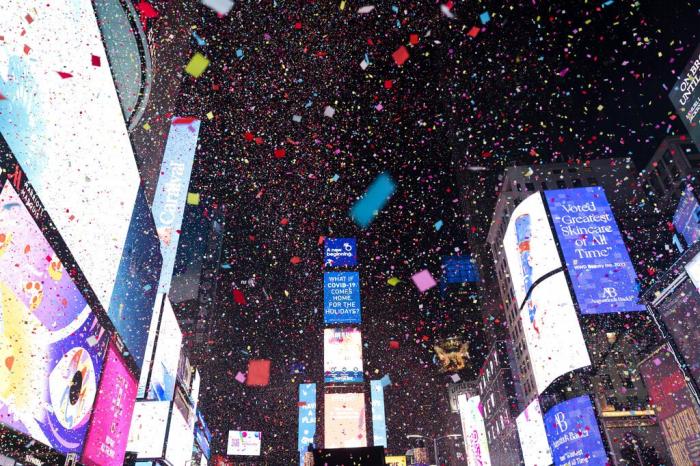Confetti falls at midnight on the Times Square New Year's celebration, early Sunday, Jan. 1, 2023, in New York. 