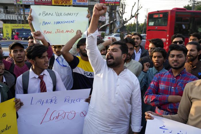 Member of an Islamic student group 'Islami Jamiat-e-Talaba' hold a demonstration against the releasing of '"Joyland" movie, in Lahore, Pakistan.