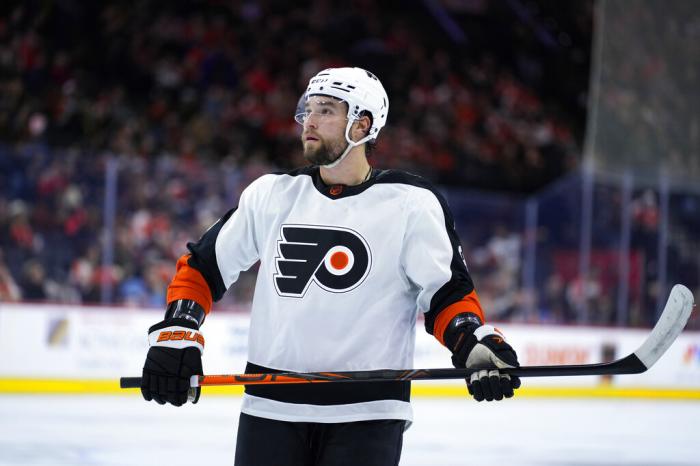 Philadelphia Flyers' Ivan Provorov skates during the first period of an NHL hockey game against the Chicago Blackhawks.