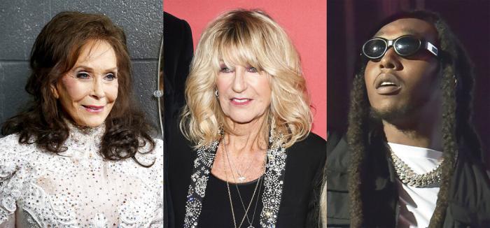 Loretta Lynn, from left, Christine McVie and Migos rapper Takeoff