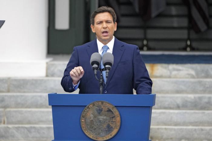 Florida Gov. Ron DeSantis speaks after being sworn in to begin his second term during an inauguration ceremony outside the Old Capitol Jan. 3, 2023, in Tallahassee, Fla. 