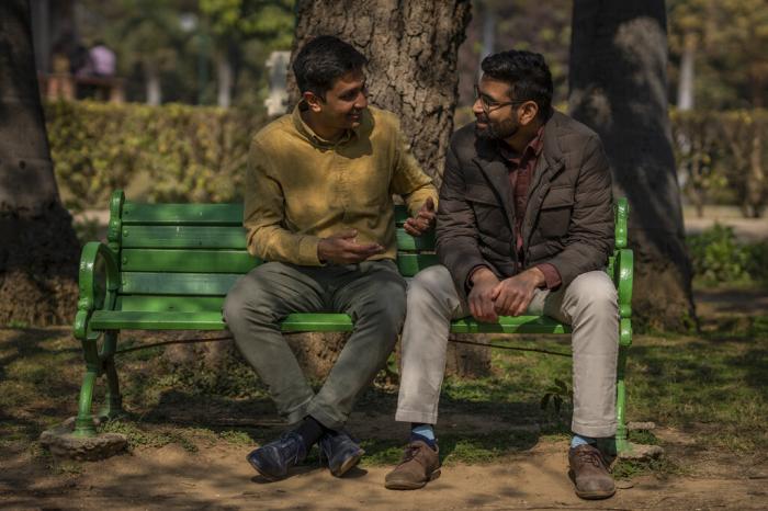 Indian gay couples Utkarsh Saxena, left, and Ananya Kotia, chat inside a public park in New Delhi, India, Jan. 18, 2023