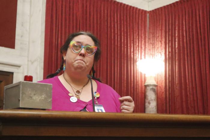Cricket Hall speaks against a bill that would ban gender-affirming surgery and hormone therapy for minors at the state Capitol in Charleston, W.Va.