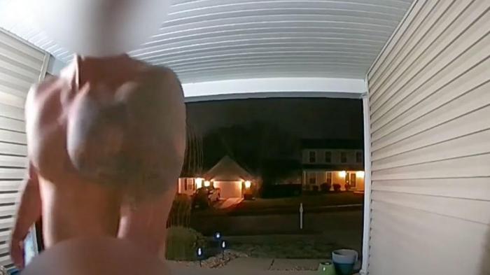 A screen shot of the man caught on a Ring video visiting neighbors in a St. Louis suburb Thursday morning.