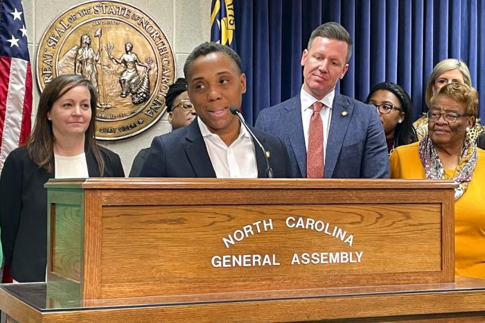 North Carolina state Rep. Vernetta Alston speaks at a news conference at the Legislative Building in Raleigh, N.C., on Tuesday, Feb. 7, 2023.