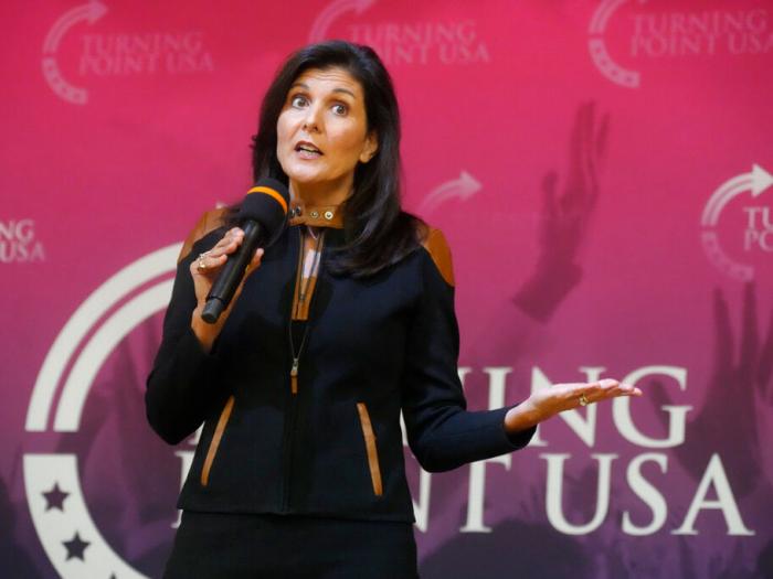  Former U.N. Ambassador Nikki Haley speaks during an event sponsored by Turning Point USA at Clemson University on Nov. 29, 2022, in Clemson, S.C. 
