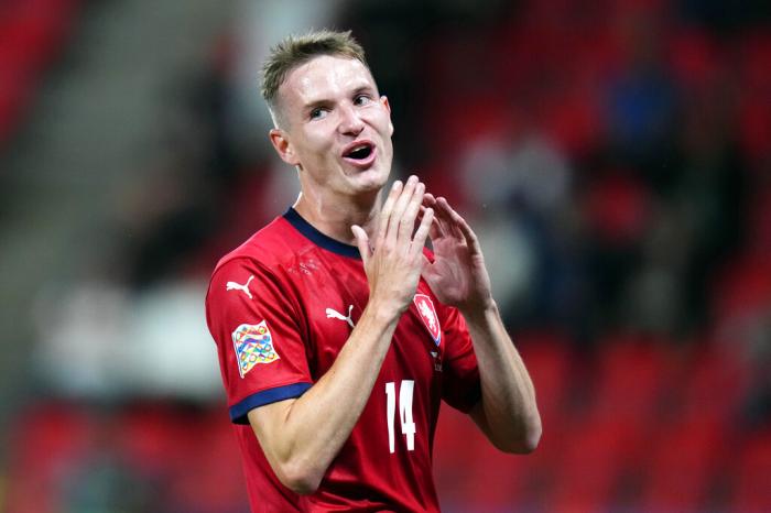 Czech Republic's Jakub Jankto reacts after missing a chance to score during the UEFA Nations League soccer match between Czech Republic and Switzerland at the Sinobo stadium in Prague, Czech Republic, June 2, 2022. 