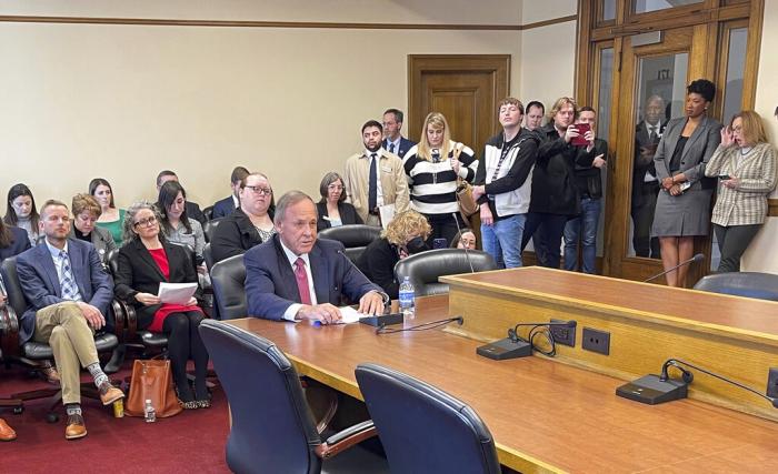 Republican Sen. Gary Stubblefield testifies to the Senate Judiciary Committee, Monday, Feb. 13, 2023, in Little Rock, Ark., about his proposal to make it easier to file medical malpractice claims against doctors who provide gender-affirming care to minors. 