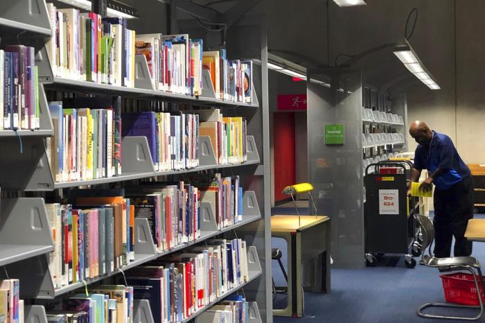 Rows of books at the Burton Barr Central Library in Phoenix.