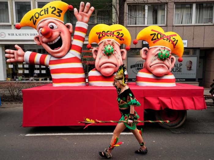A carnival float depicting the 2-years cancelled carnival parades due to the coronavirus is seen ahead of the start of the traditional carnival parade in Duesseldorf, Germany, on Monday, Feb. 20, 2023. 